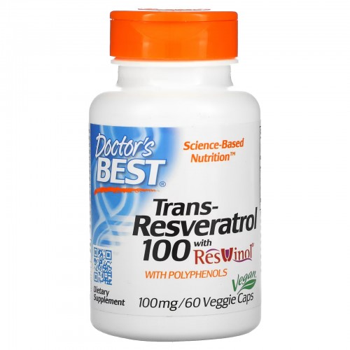 Doctor's Best, транс-ресвератрол 100 с ResVinol, 100 мг, 60 вегетарианских капсул Doctor's Best, транс-ресвератрол 100 с ResVinol, 100 мг, 60 вегетарианских капсул